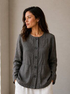Tamotsu New York 100% Linen Shirt Jacket Gray Women Size 6 Button Front USA